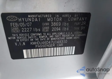 2007 Hyundai Elantra Gls/Limited/Se from USA, damaged, VIN KMHDU46D47U149310